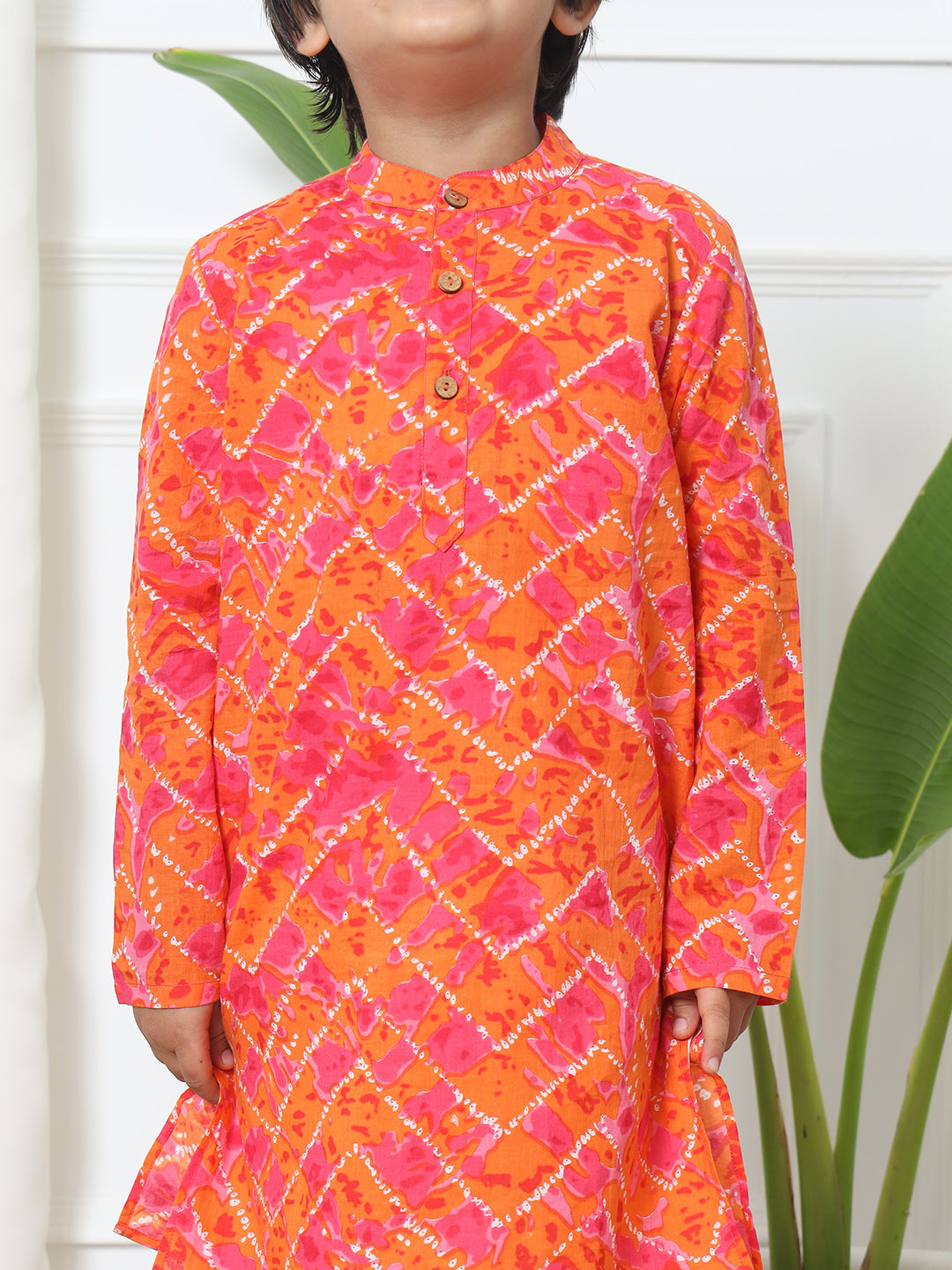 Boys Straight Style Cotton Fabric Orange Color Bandhani Printed Kurta With White Color Pyjama