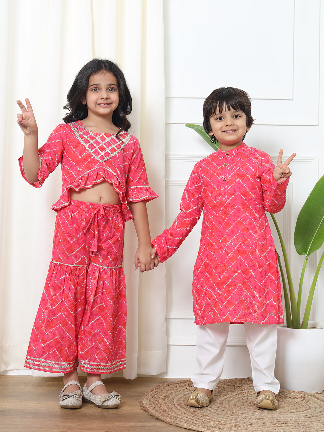 Boys Straight Style Cotton Fabric Pink Color Bandhani Printed Kurta With White Color Pyjama