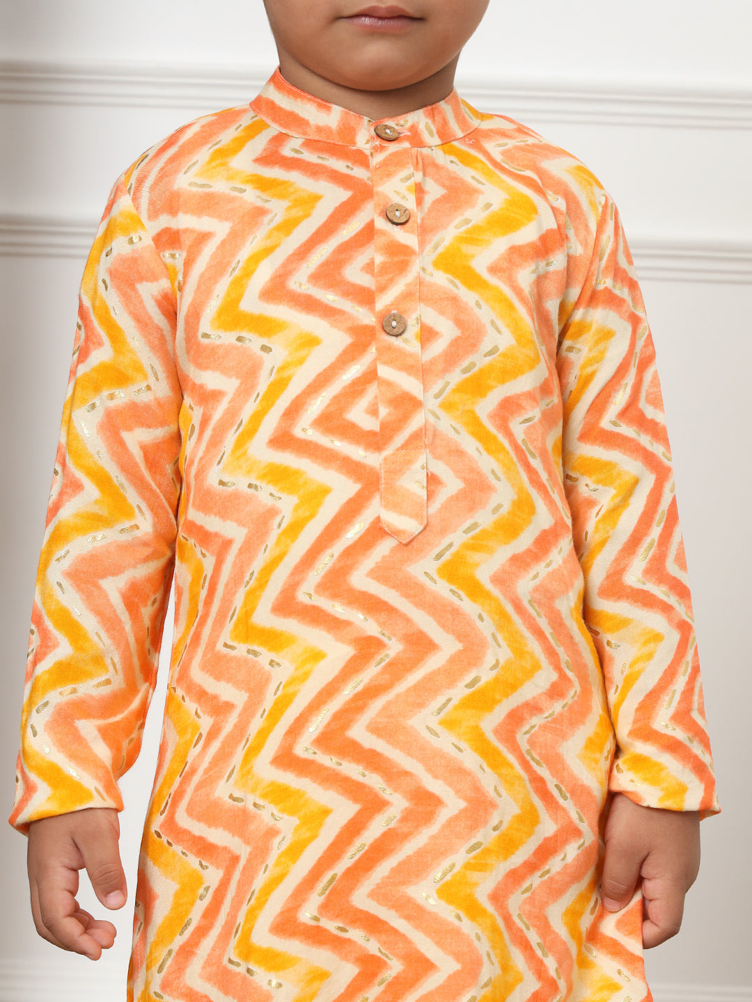 Boys Straight Style Rayon Fabric Peach Color Printed Kurta With White Color Pyjama