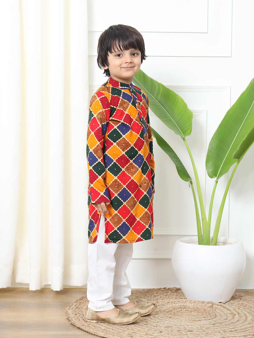 Boys Straight Style Rayon Fabric Mustard Color Printed Kurta With White Pyjama