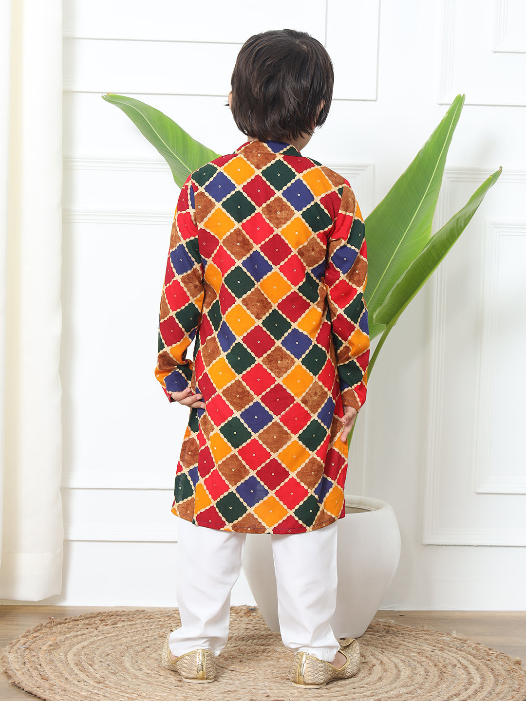 Boys Straight Style Rayon Fabric Mustard Color Printed Kurta With White Pyjama