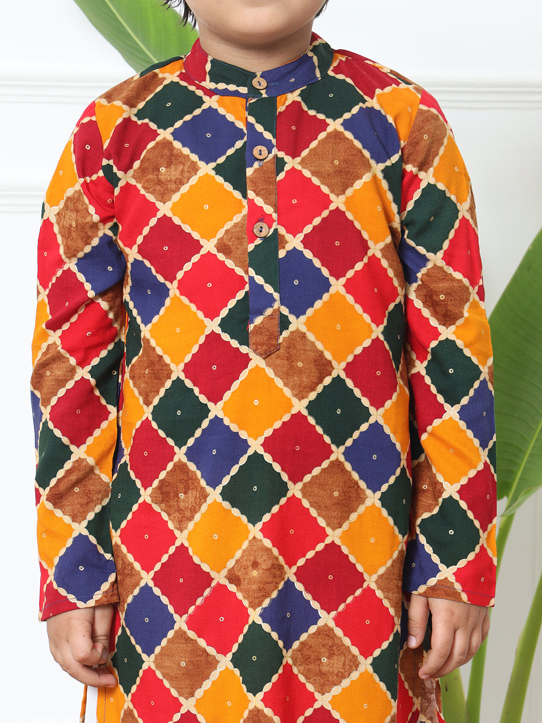 Boys Straight Style Rayon Fabric Mustard Color Printed Kurta With White Pyjama