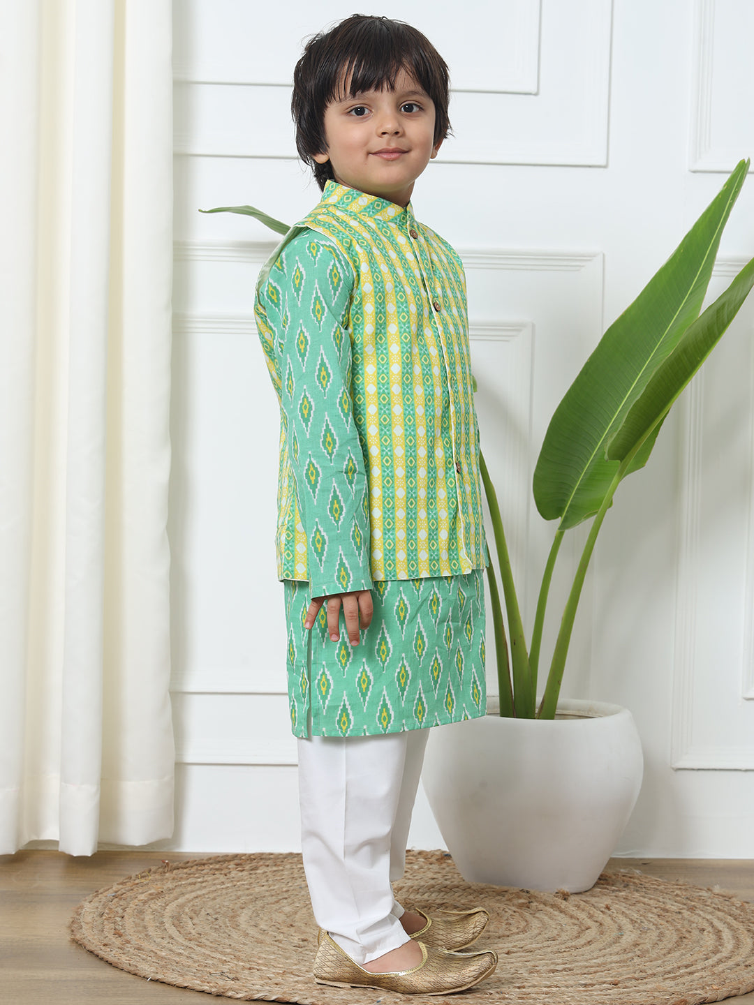 Boys Straight Style Cotton Fabric Green Color Printed Kurta With Pyjama And Nehru Jacket