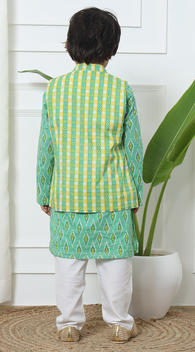 Boys Straight Style Cotton Fabric Green Color Printed Kurta With Pyjama And Nehru Jacket