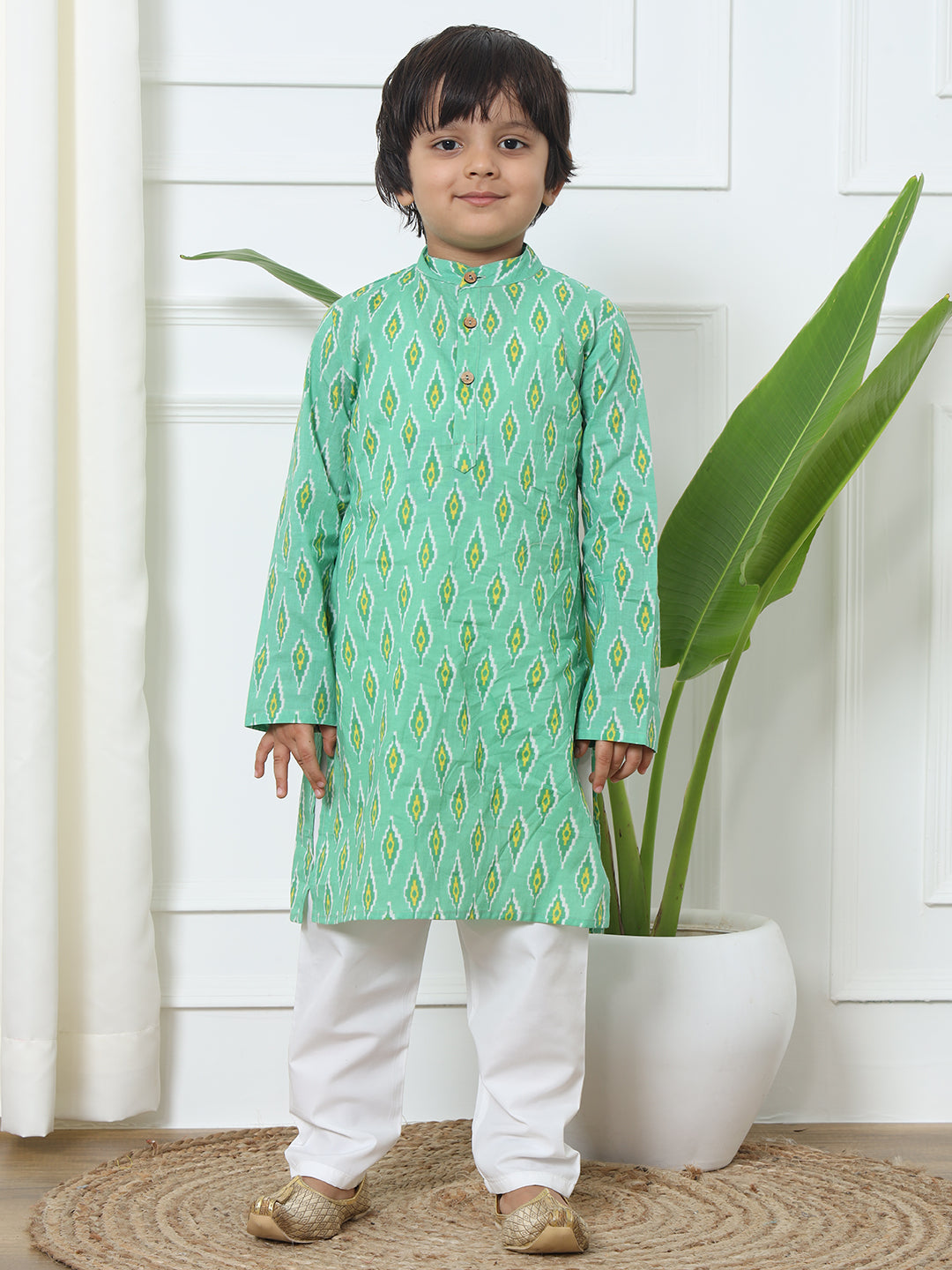 Boys Straight Style Cotton Fabric Green Color Printed Kurta With Pyjama And Nehru Jacket