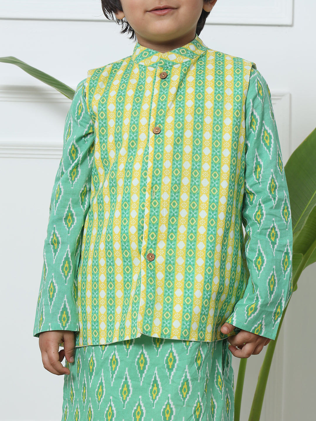 Boys Straight Style Cotton Fabric Green Color Printed Kurta With Pyjama And Nehru Jacket