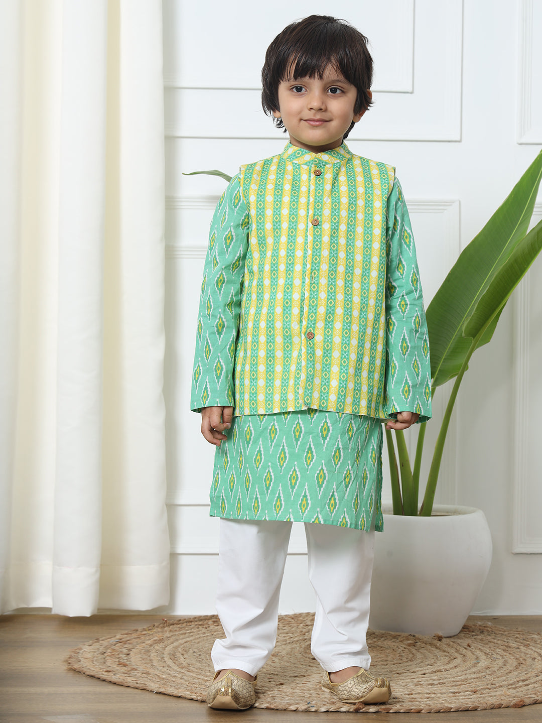Boys Straight Style Cotton Fabric Green Color Printed Kurta With Pyjama And Nehru Jacket