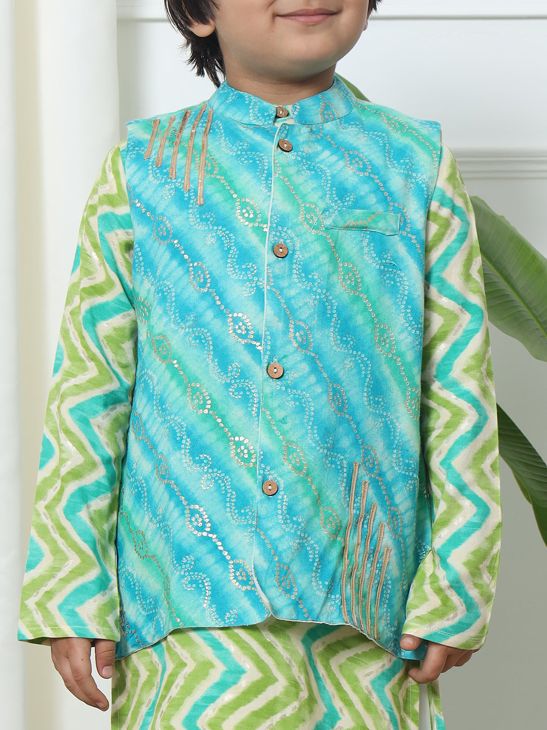 Boys Straight Style Rayon Fabric Blue And Green Color Bandhej Printed Kurta With Pyjama And Nehru Jacket