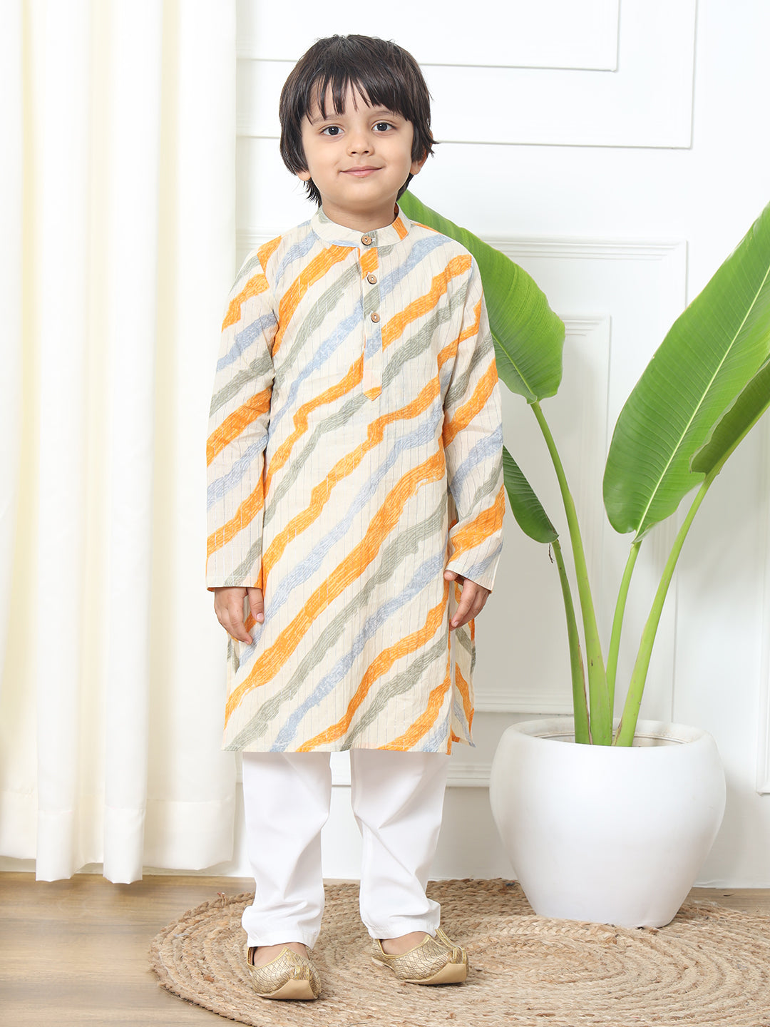 Boys Straight Style Cotton Fabric Cream Color Floral Printed Kurta With Pyjama And Nehru Jacket