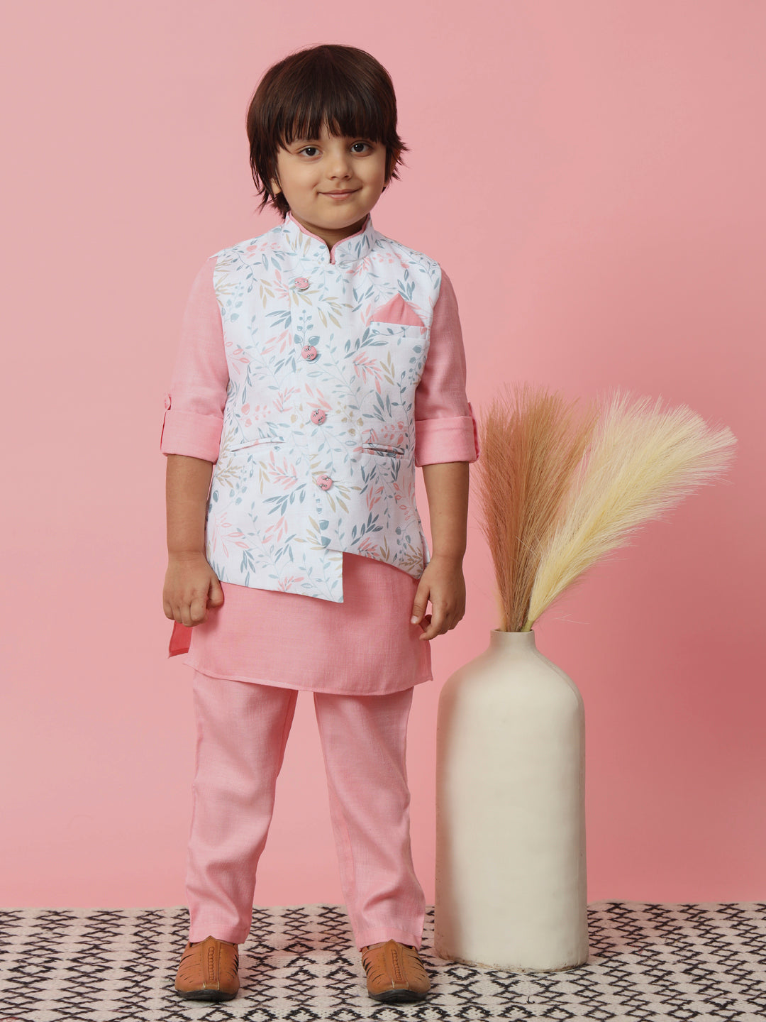 Boys Straight Style Cotton Fabric Pink Color Kurta With Trouser