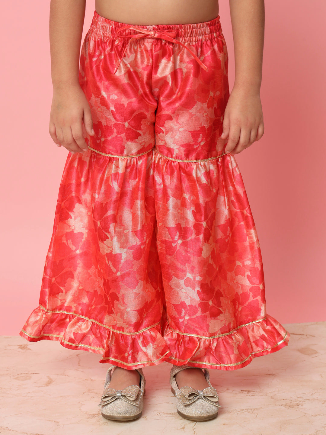 Girls Frock Style Art Silk Fabric Red Color Floral Printed Kurti And Sharara With Gotta Lace Work