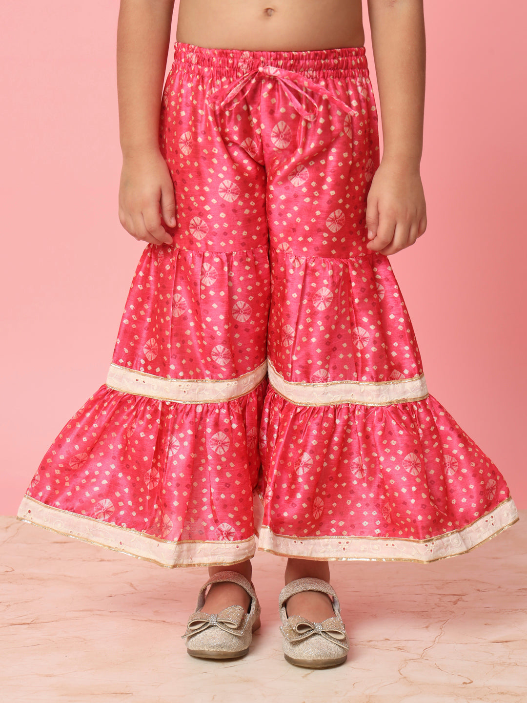 Girls Frock Style Art Silk Fabric Pink Color Bandhani Printed Kurti And Sharara With Gotta Lace Work