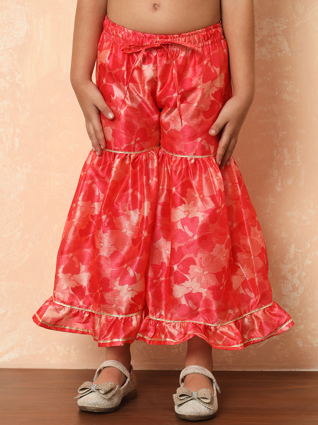 Girls Frock Style Art Silk Fabric Pink Color Printed Kurti And Sharara With Gotta Lace Work