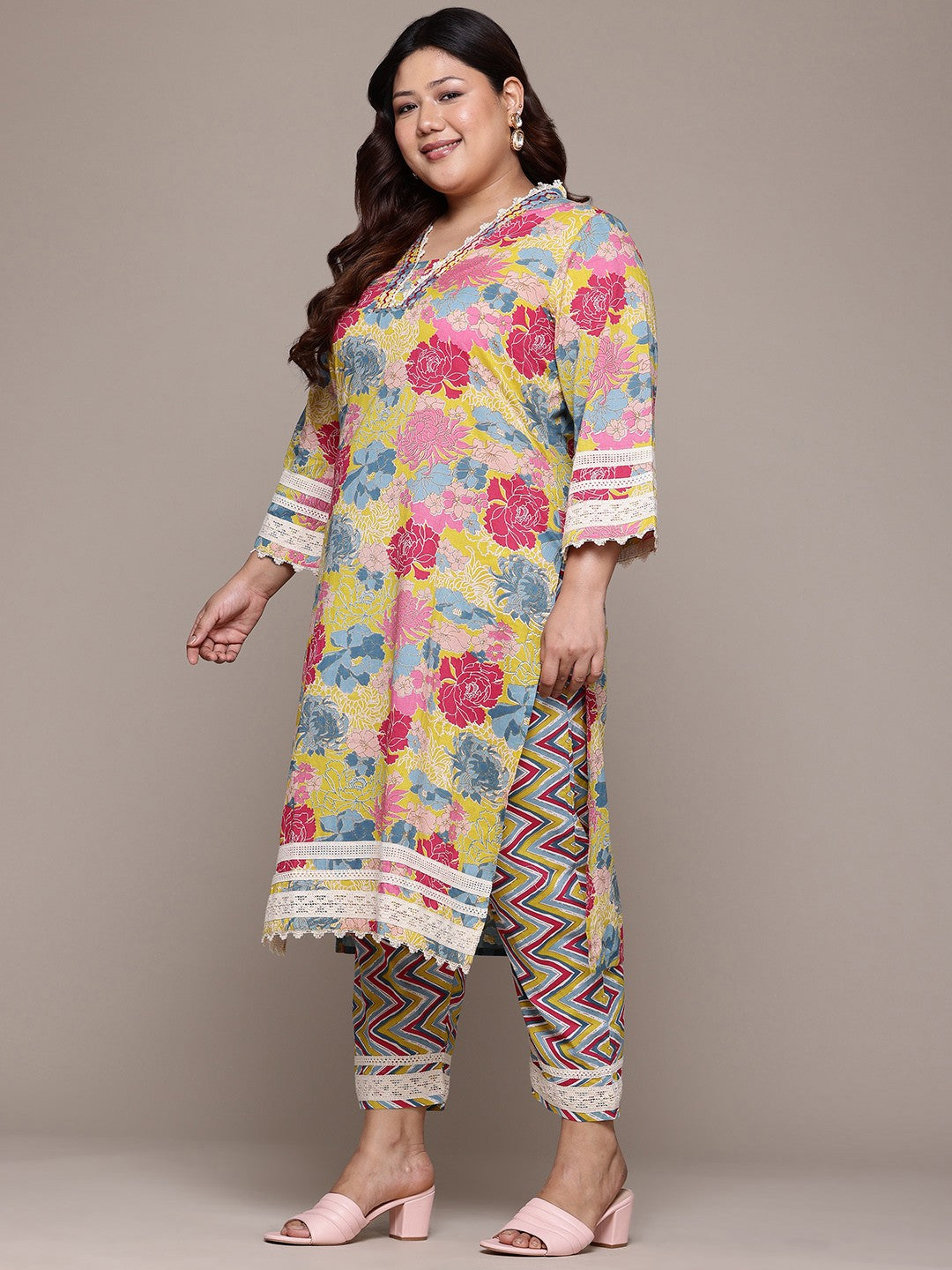 Straight Style Cotton Fabric Multi Color Kurta With Bottom And Dupatta