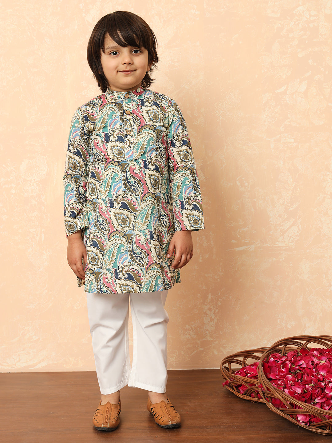 Boys Straight Style Cotton Fabric Purple Color Floral Printed Kurta And Pyjama With Nehru Jacket