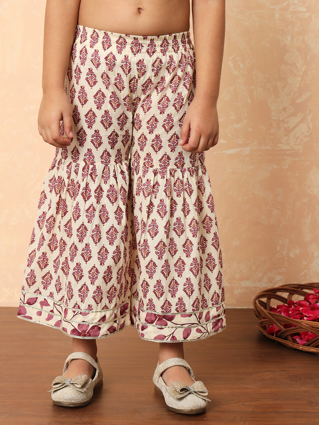 Girls Frock Style Cotton Fabric Purple Color Printed Kurti And Sharara With Mirror And Zari Work