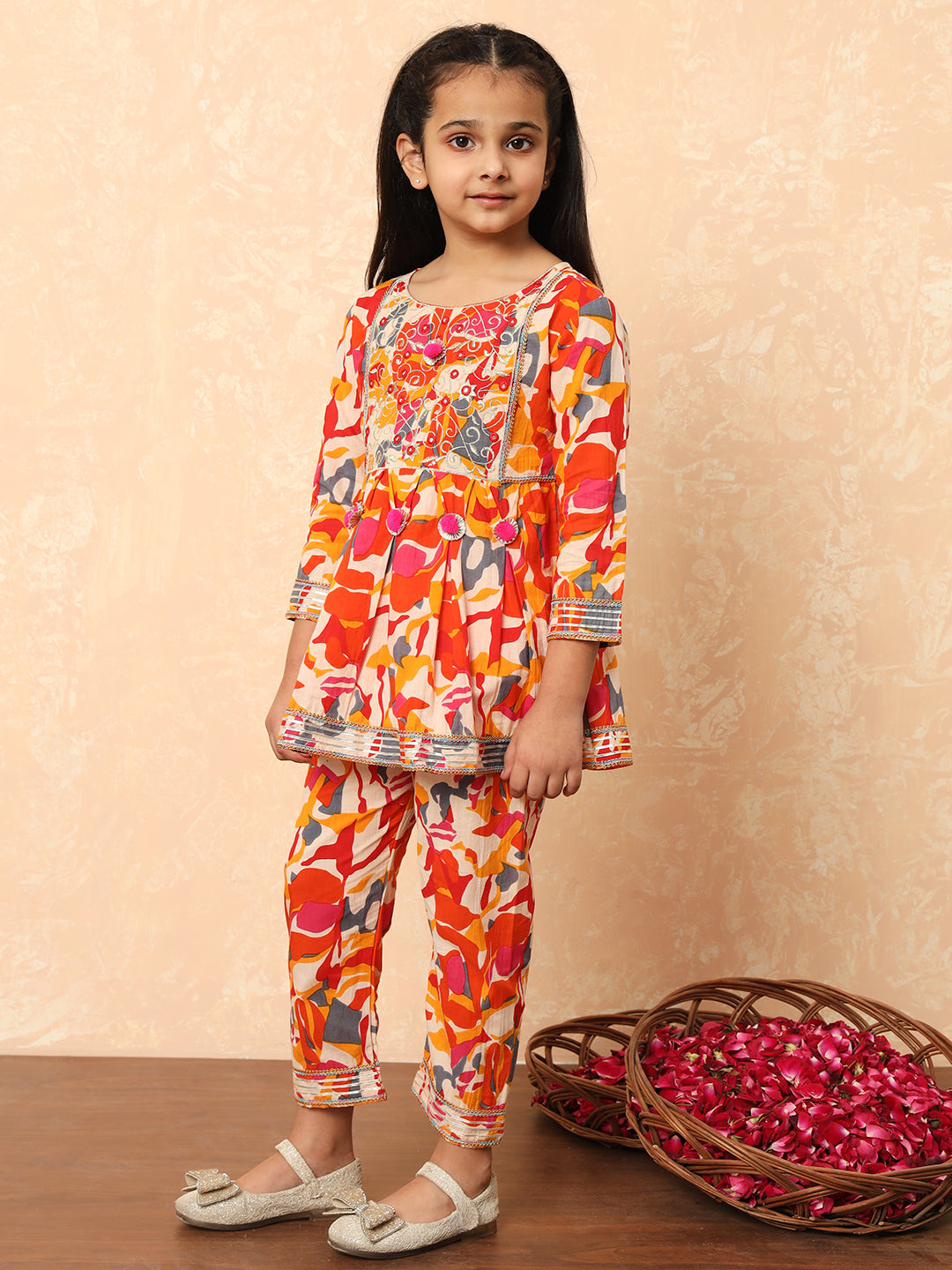 Girls Frock Style Cotton Fabric Orange Color Printed Kurti And Pyjama With Zari And Gotta Lace Work
