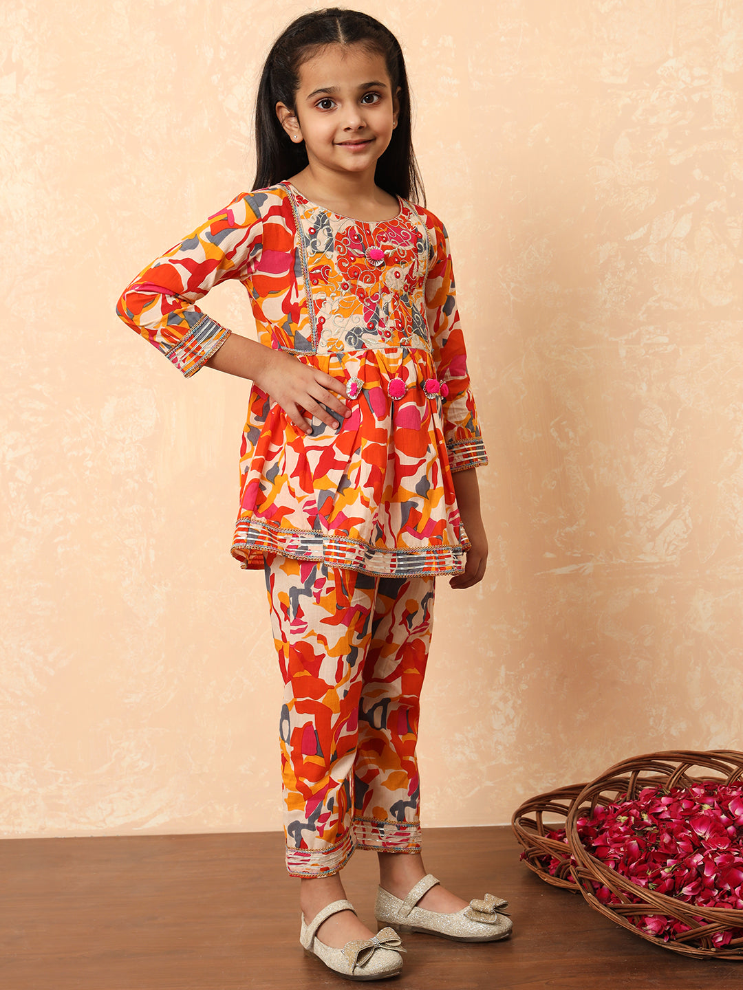 Girls Frock Style Cotton Fabric Orange Color Printed Kurti And Pyjama With Zari And Gotta Lace Work