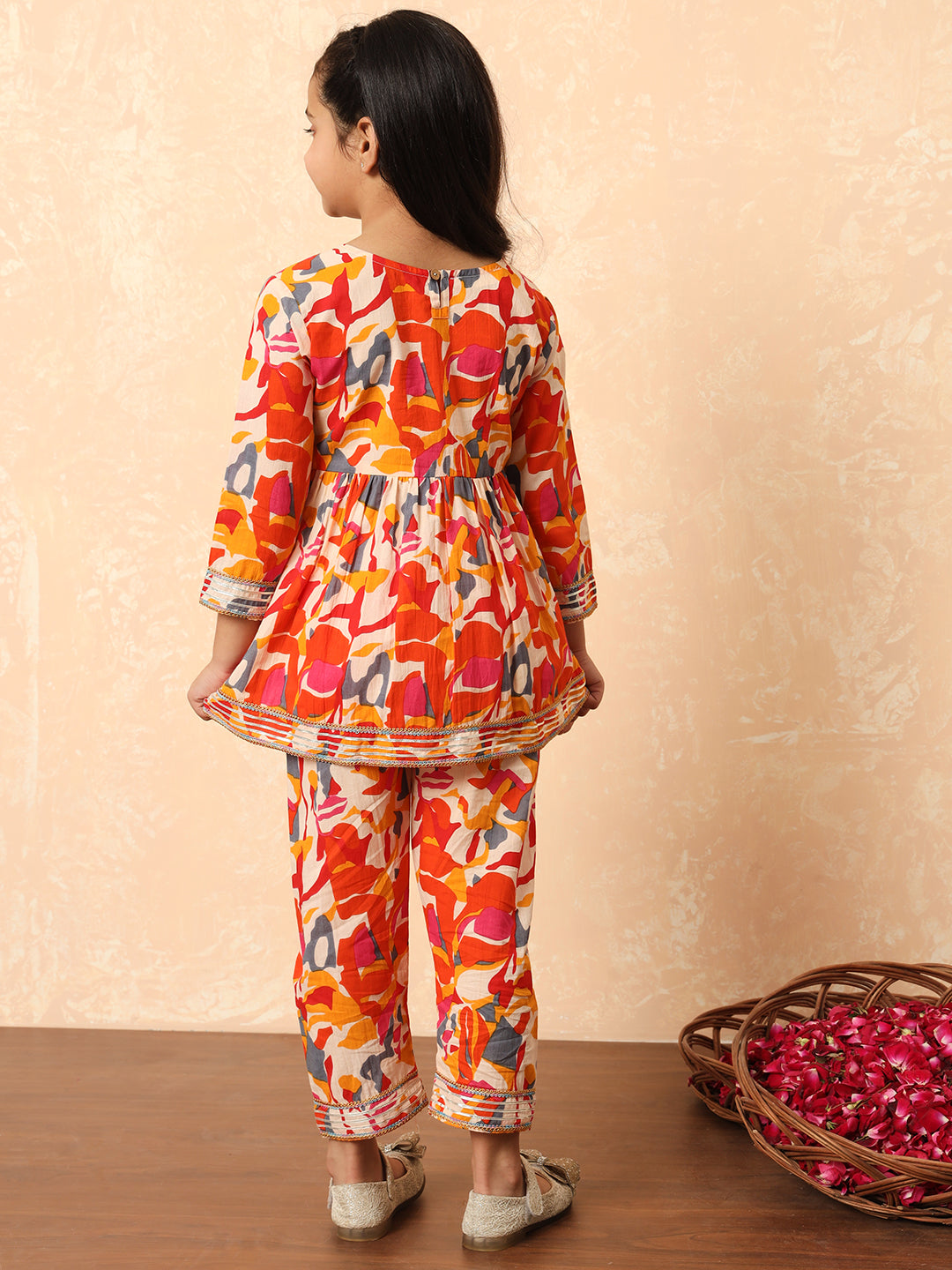 Girls Frock Style Cotton Fabric Orange Color Printed Kurti And Pyjama With Zari And Gotta Lace Work