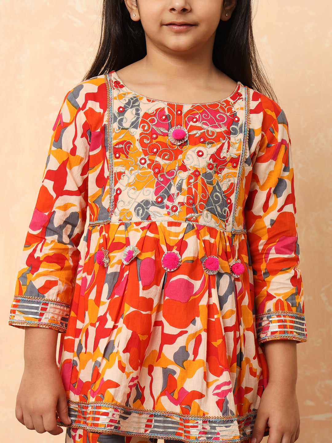 Girls Frock Style Cotton Fabric Orange Color Printed Kurti And Pyjama With Zari And Gotta Lace Work