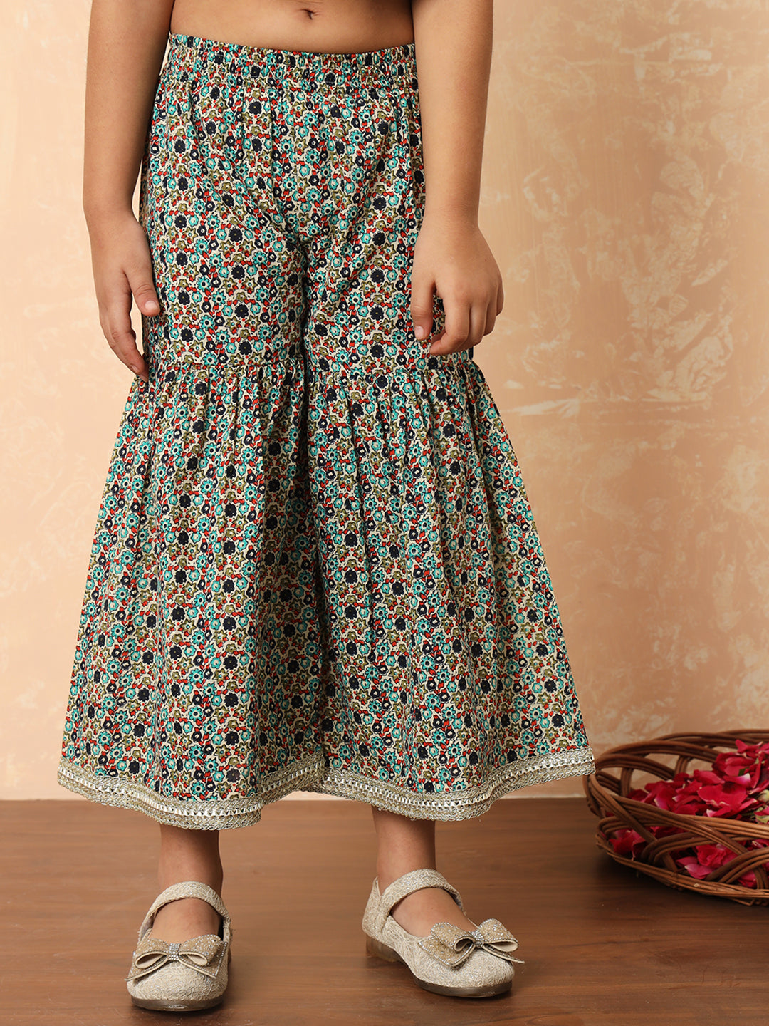 Girls Frock Style Cotton Fabric Navy Blue Color Printed Kurti And Sharara With Mirror And Thread Work