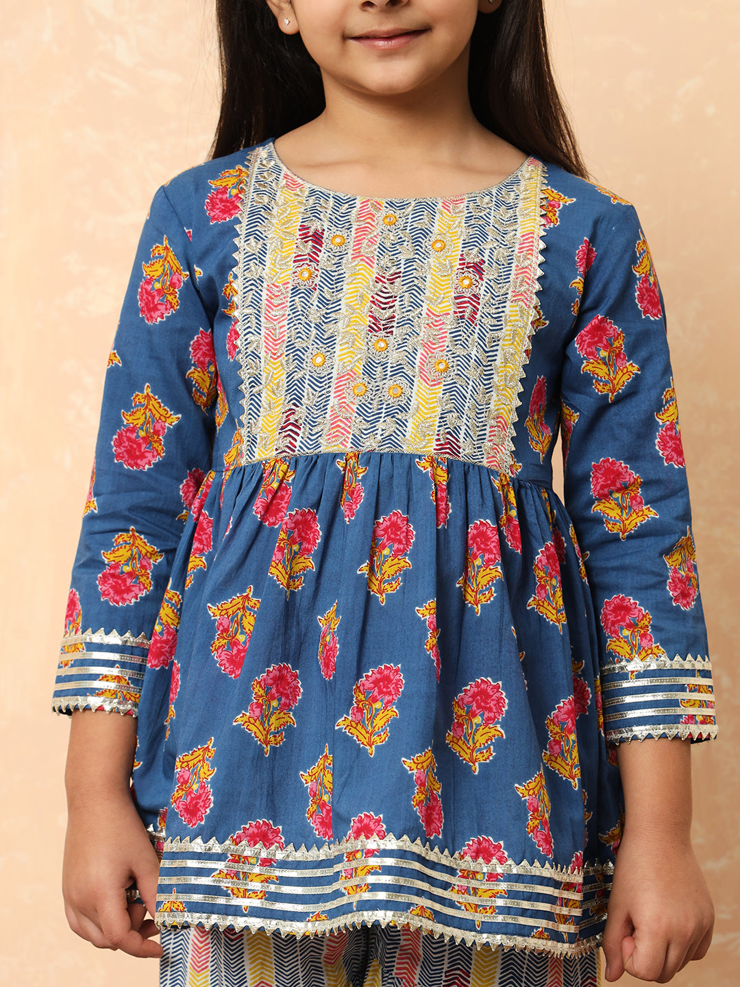 Girls Frock Style Cotton Fabric Blue Color Printed Kurti And Sharara With Zari And Gotta Lace Work
