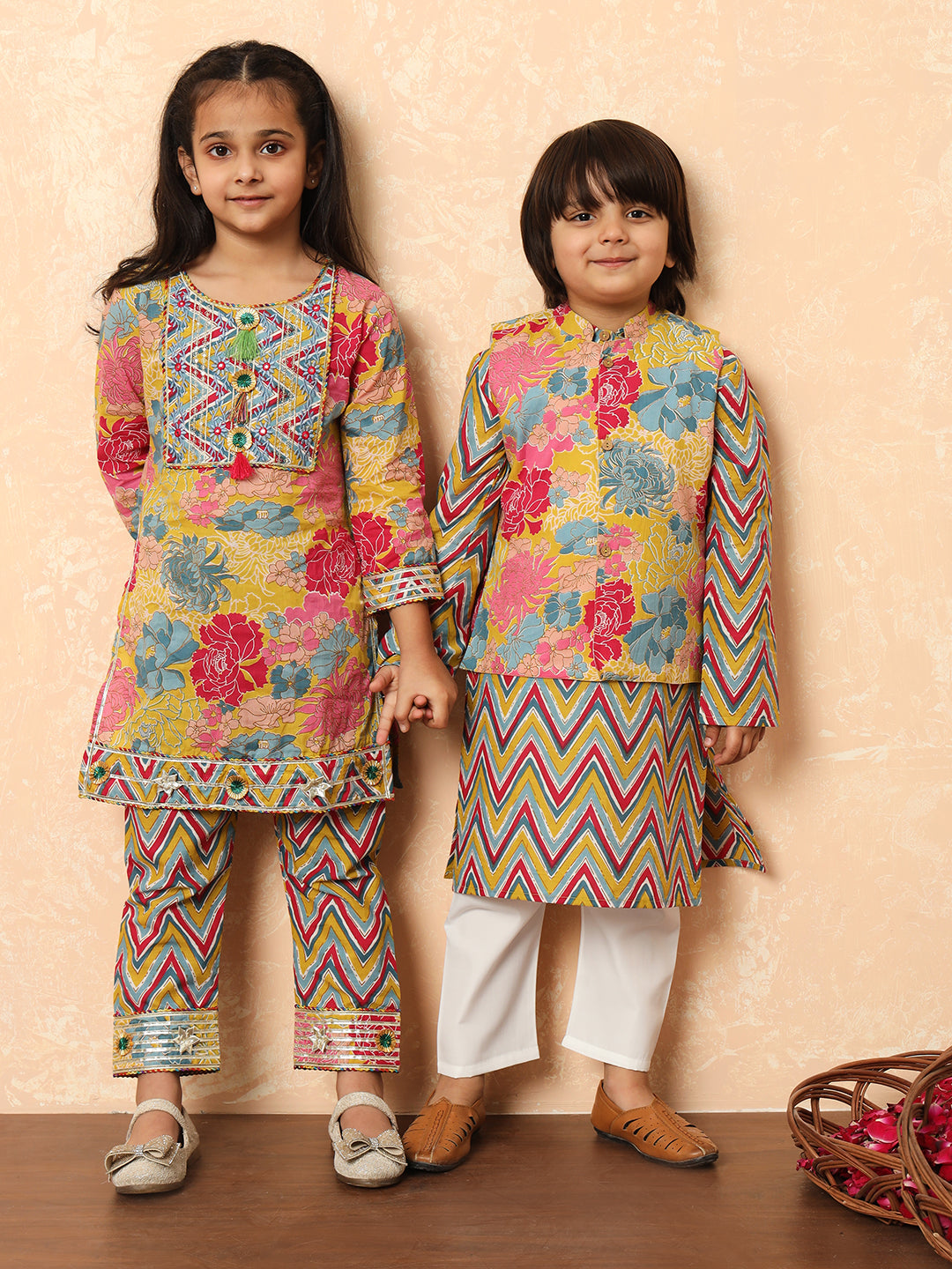 Girls Straight Style Cotton Fabric Mustard Color Printed Kurti And Pyjama With Zari And Gotta Lace Work