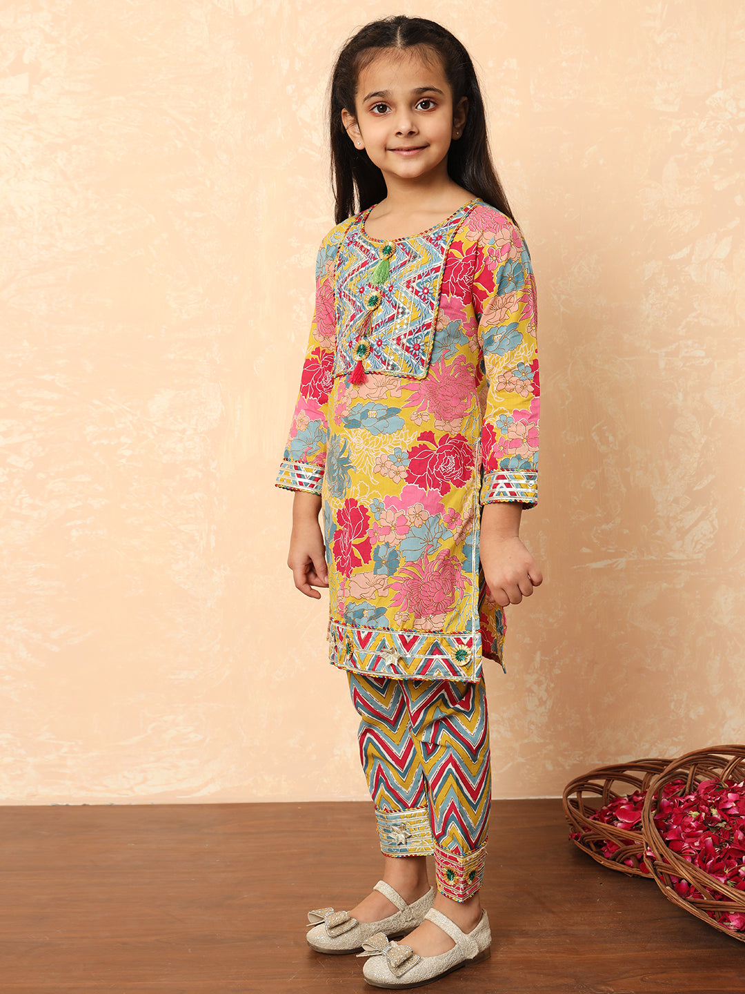 Girls Straight Style Cotton Fabric Mustard Color Printed Kurti And Pyjama With Zari And Gotta Lace Work