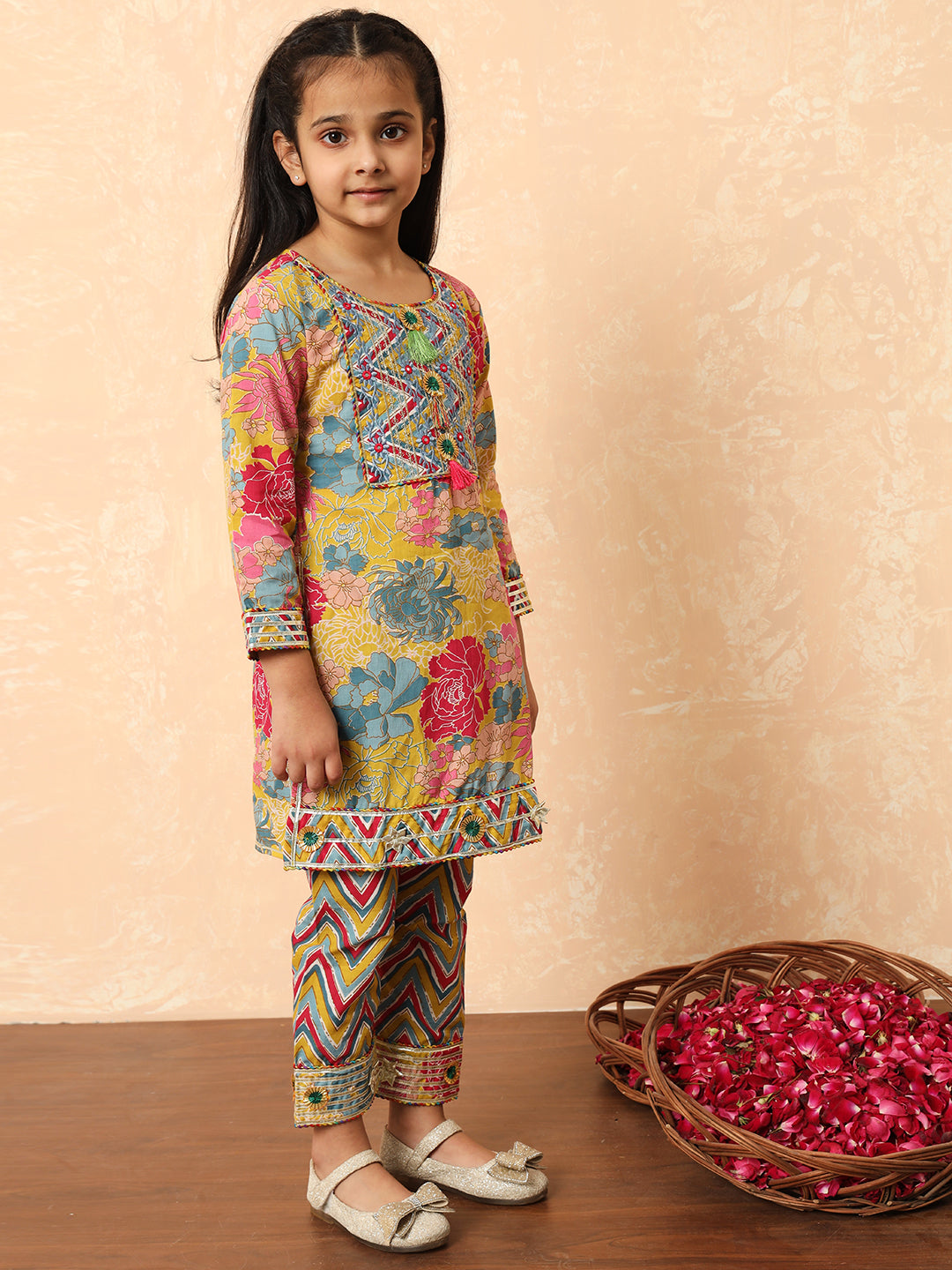 Girls Straight Style Cotton Fabric Mustard Color Printed Kurti And Pyjama With Zari And Gotta Lace Work