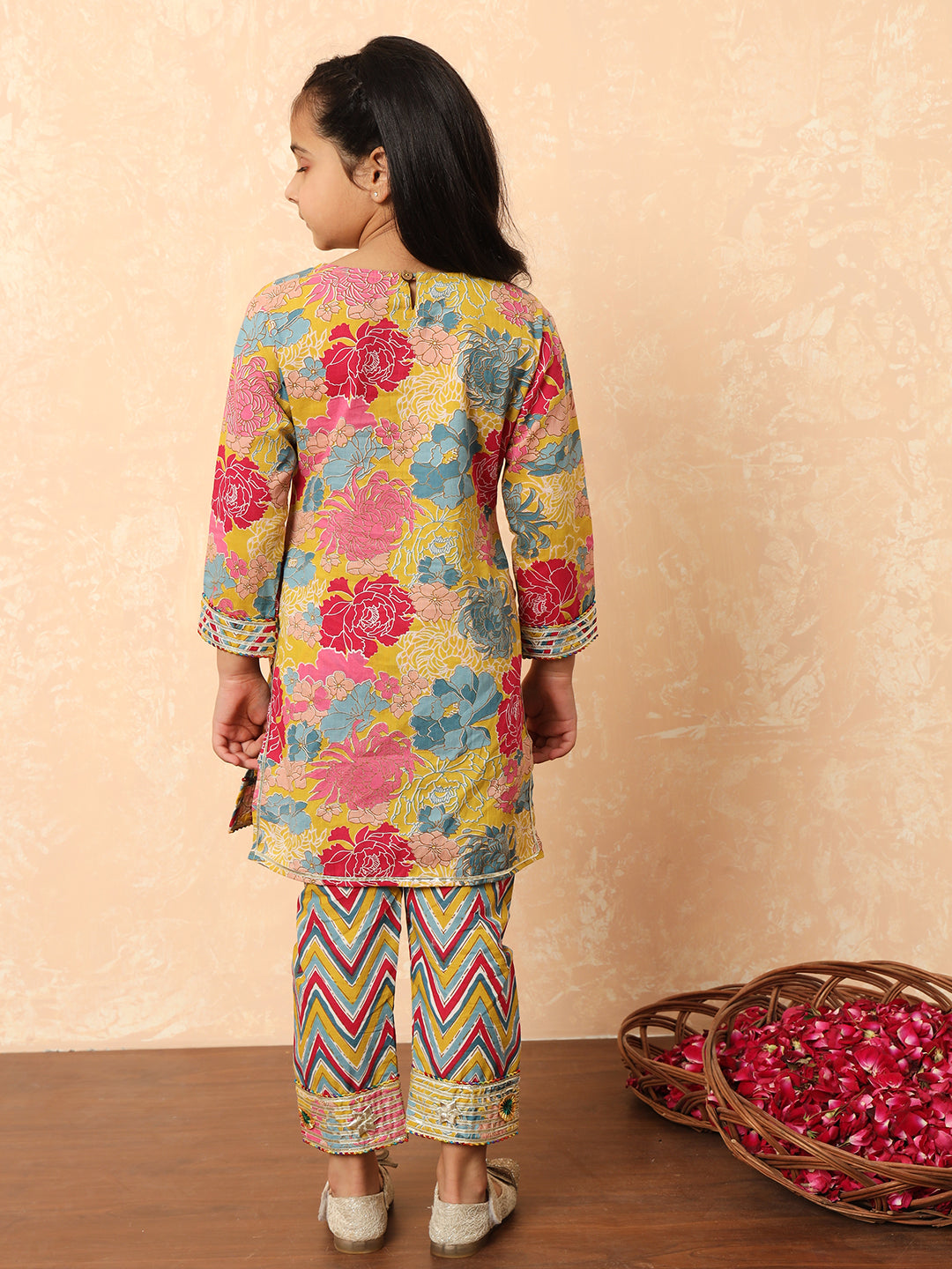 Girls Straight Style Cotton Fabric Mustard Color Printed Kurti And Pyjama With Zari And Gotta Lace Work