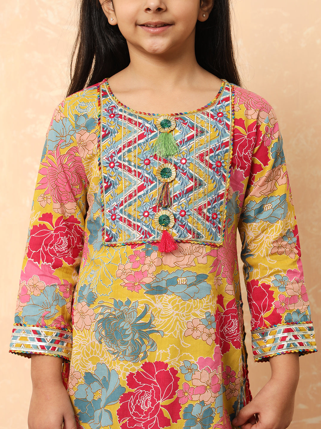Girls Straight Style Cotton Fabric Mustard Color Printed Kurti And Pyjama With Zari And Gotta Lace Work
