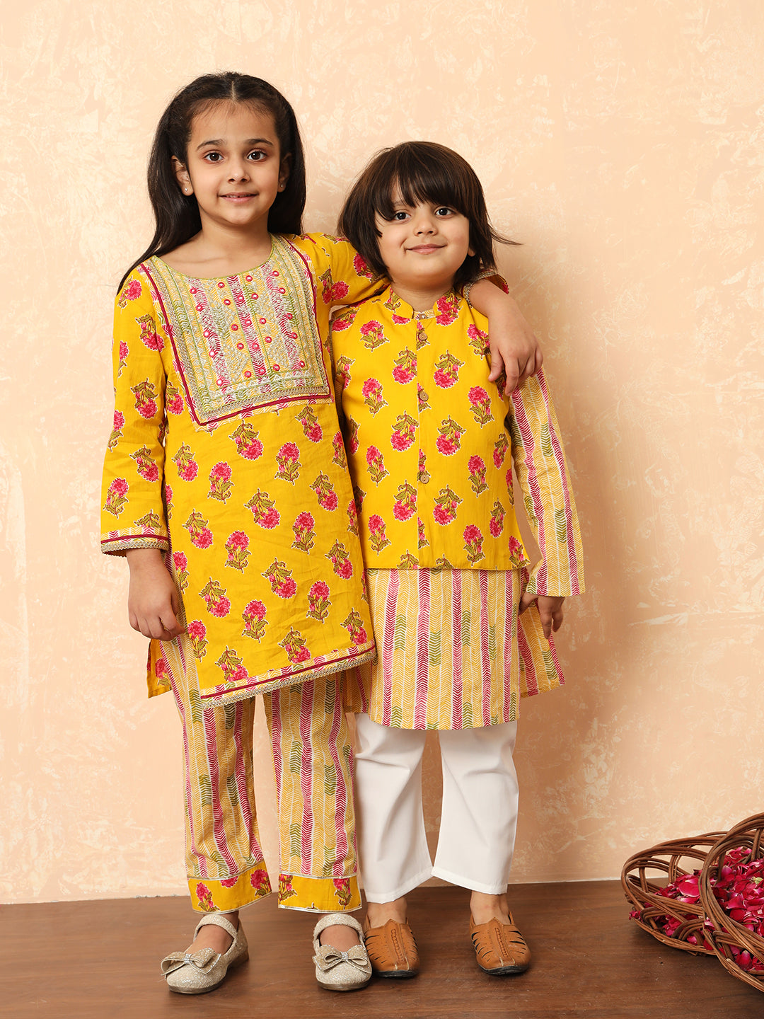 Girls Straight Style Cotton Fabric Yellow Color Printed Kurti And Pyjama With Zari And Gotta Lace Work