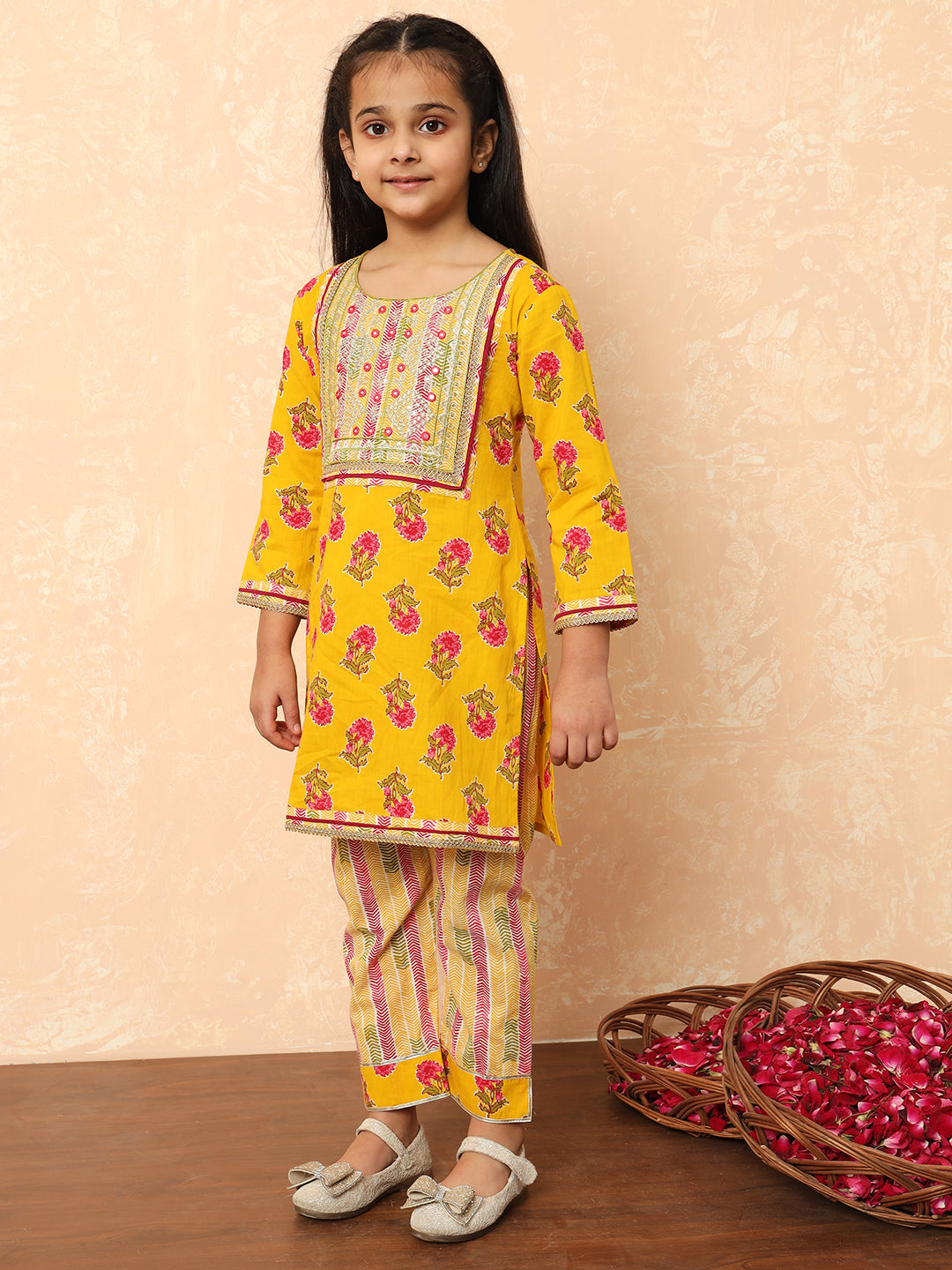 Girls Straight Style Cotton Fabric Yellow Color Printed Kurti And Pyjama With Zari And Gotta Lace Work