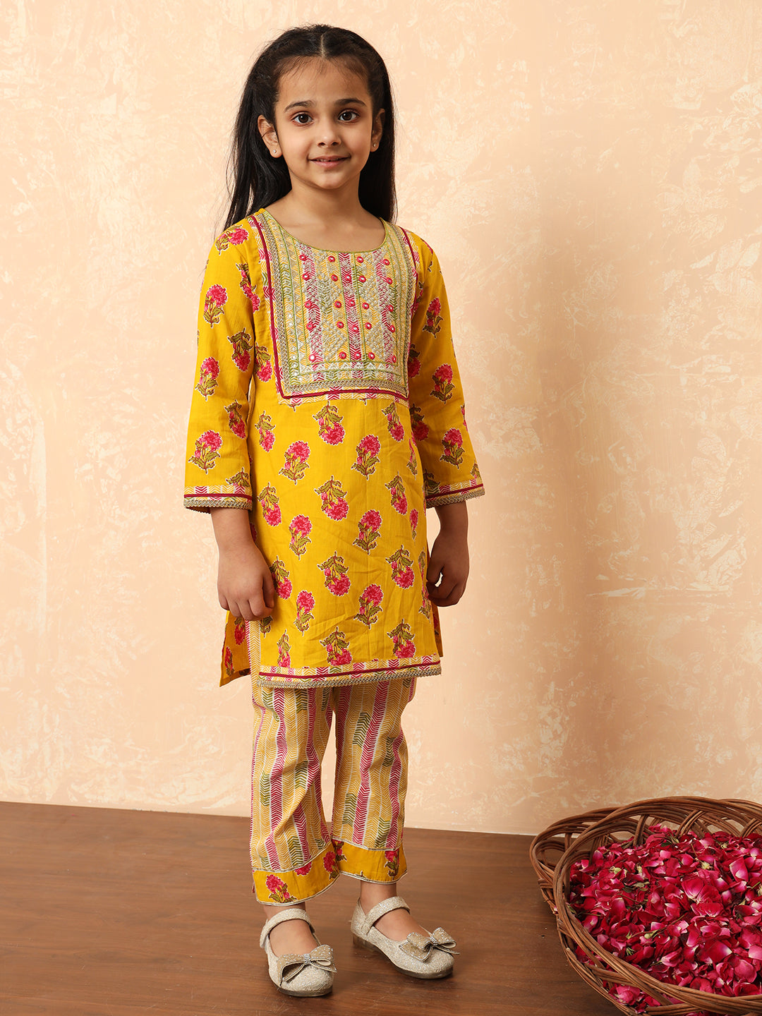 Girls Straight Style Cotton Fabric Yellow Color Printed Kurti And Pyjama With Zari And Gotta Lace Work
