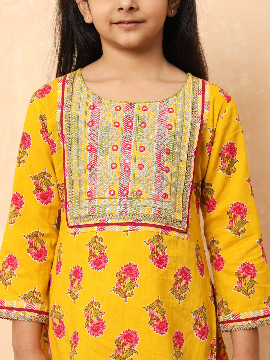 Girls Straight Style Cotton Fabric Yellow Color Printed Kurti And Pyjama With Zari And Gotta Lace Work