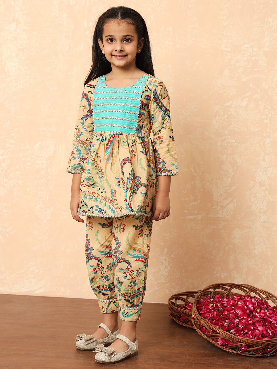 Girls Frock Style Cotton Fabric Beige Color Printed Kurti And Heram With Gotta Lace Work