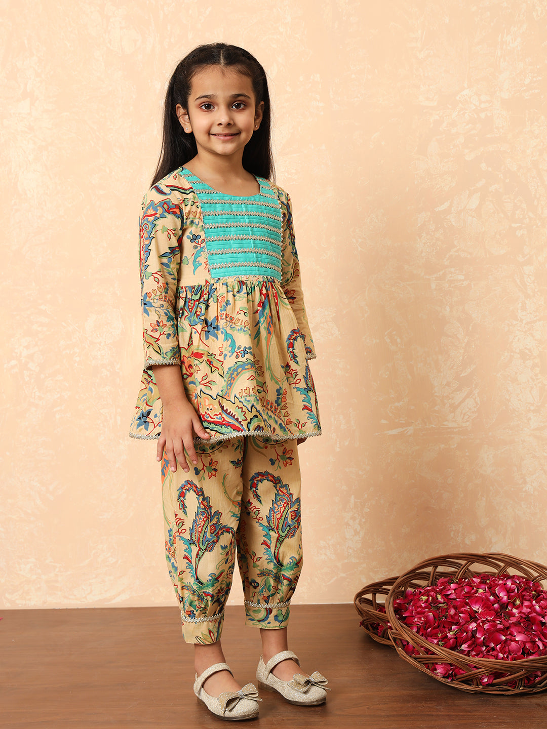 Girls Frock Style Cotton Fabric Beige Color Printed Kurti And Heram With Gotta Lace Work