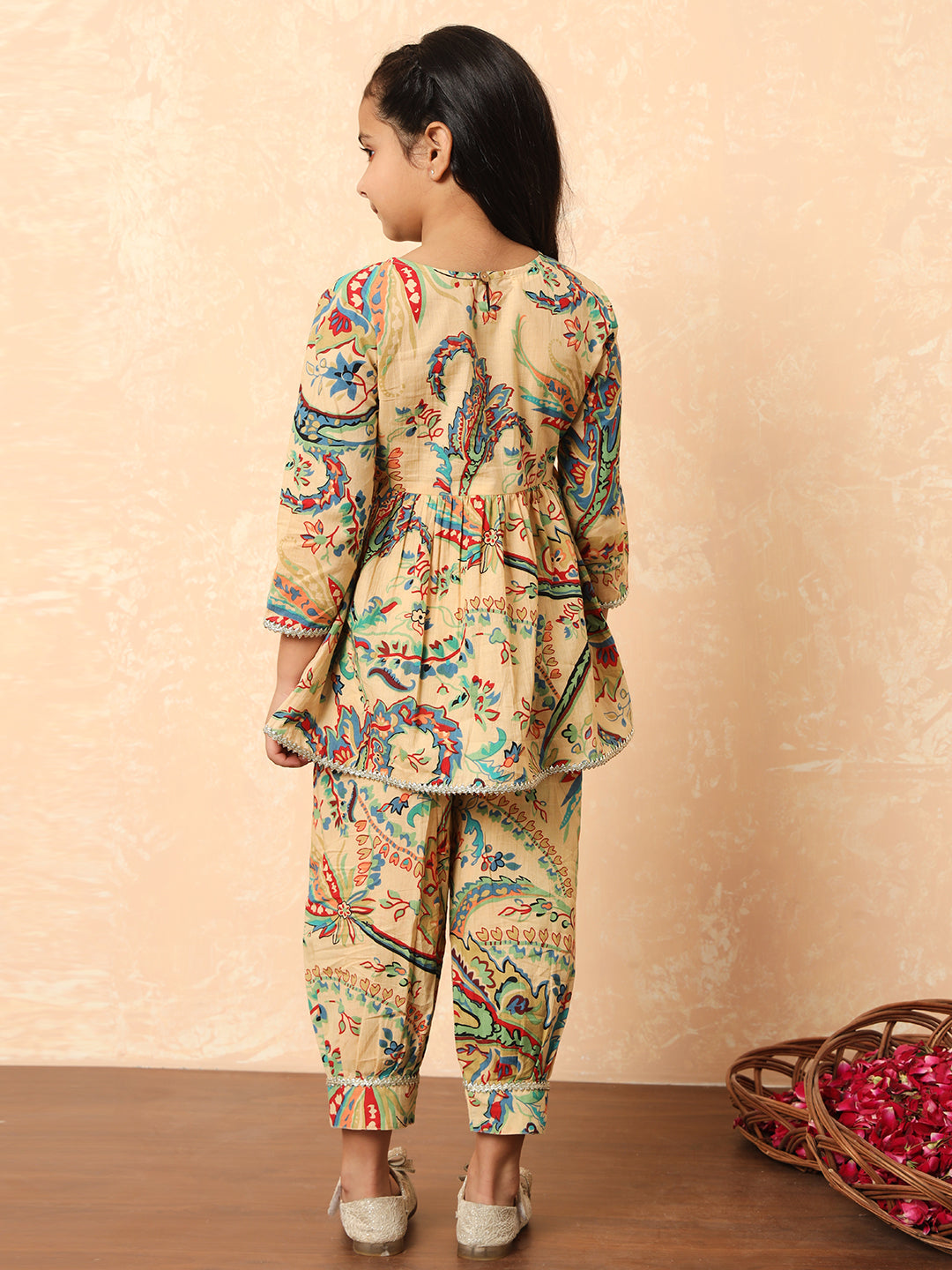 Girls Frock Style Cotton Fabric Beige Color Printed Kurti And Heram With Gotta Lace Work
