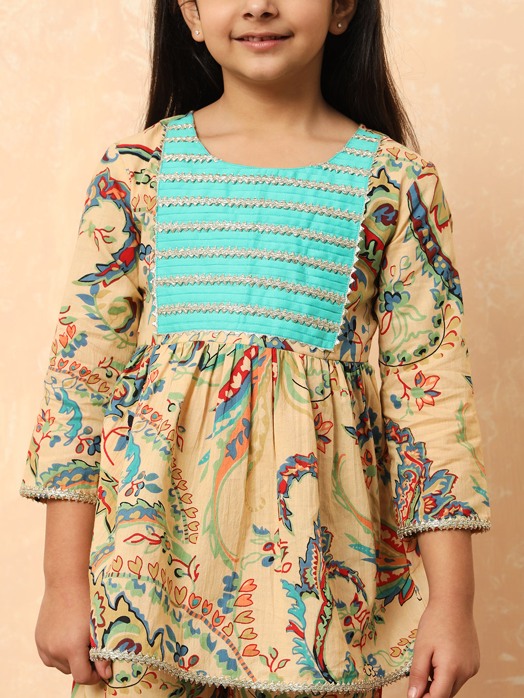 Girls Frock Style Cotton Fabric Beige Color Printed Kurti And Heram With Gotta Lace Work