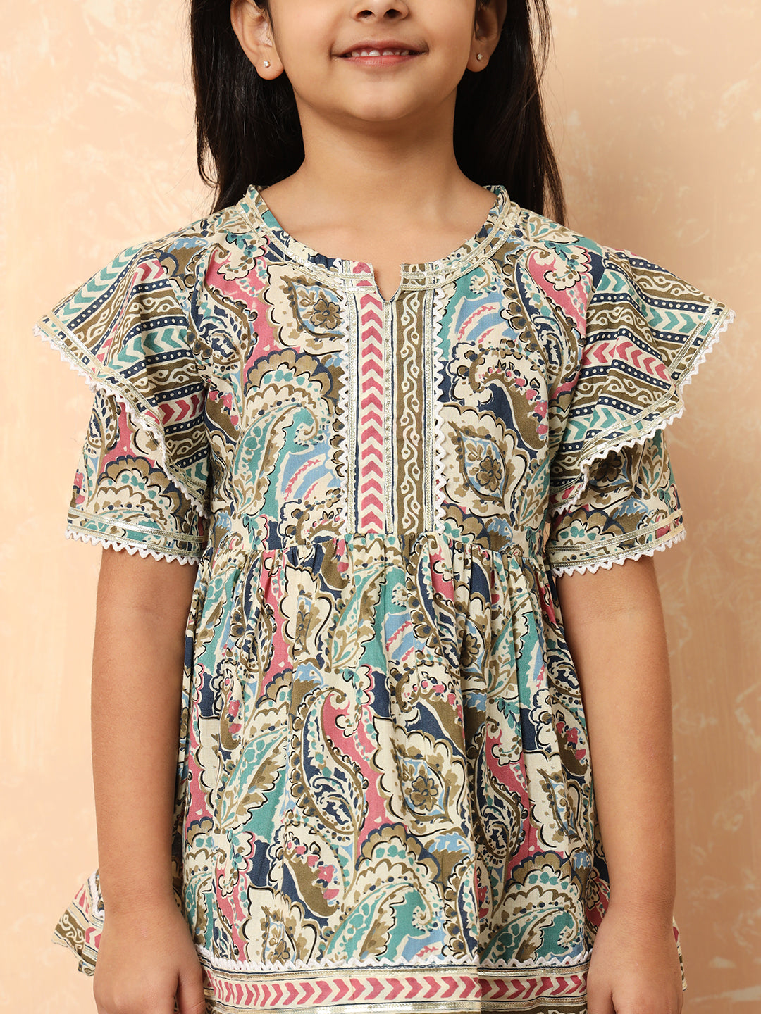 Girls Frock Style Cotton Fabric Cream Color Printed Kurti And Sharara With Gotta Lace Work