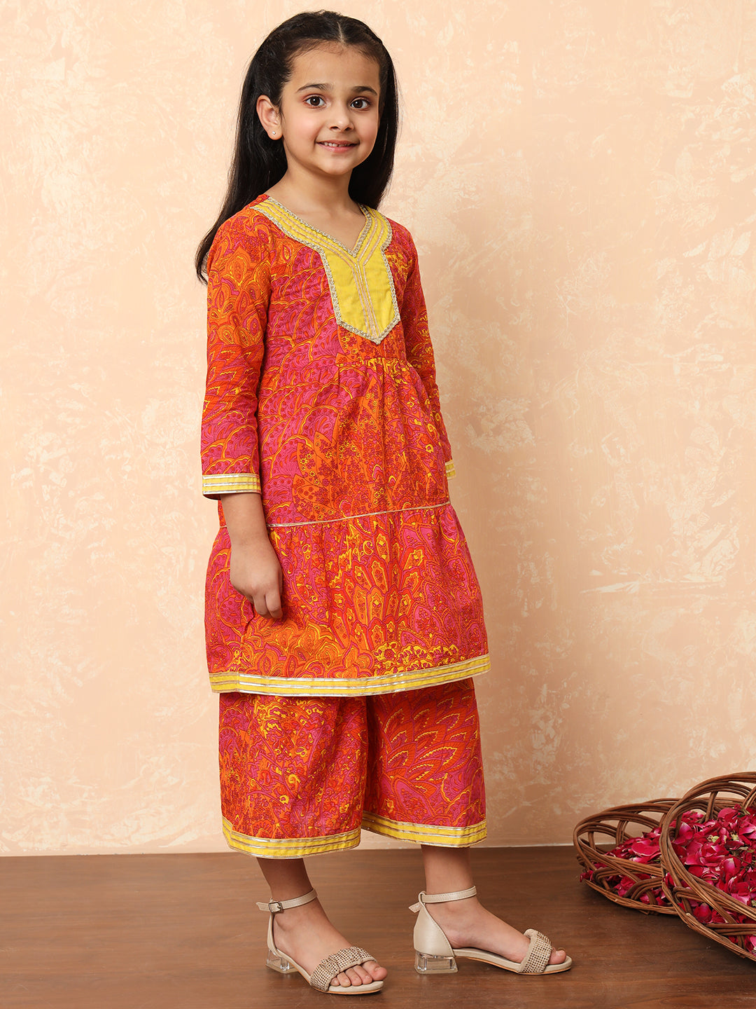 Girls Tiered Style Cotton Fabric Pink Color Printed Kurti And Sharara With Gotta Lace Work