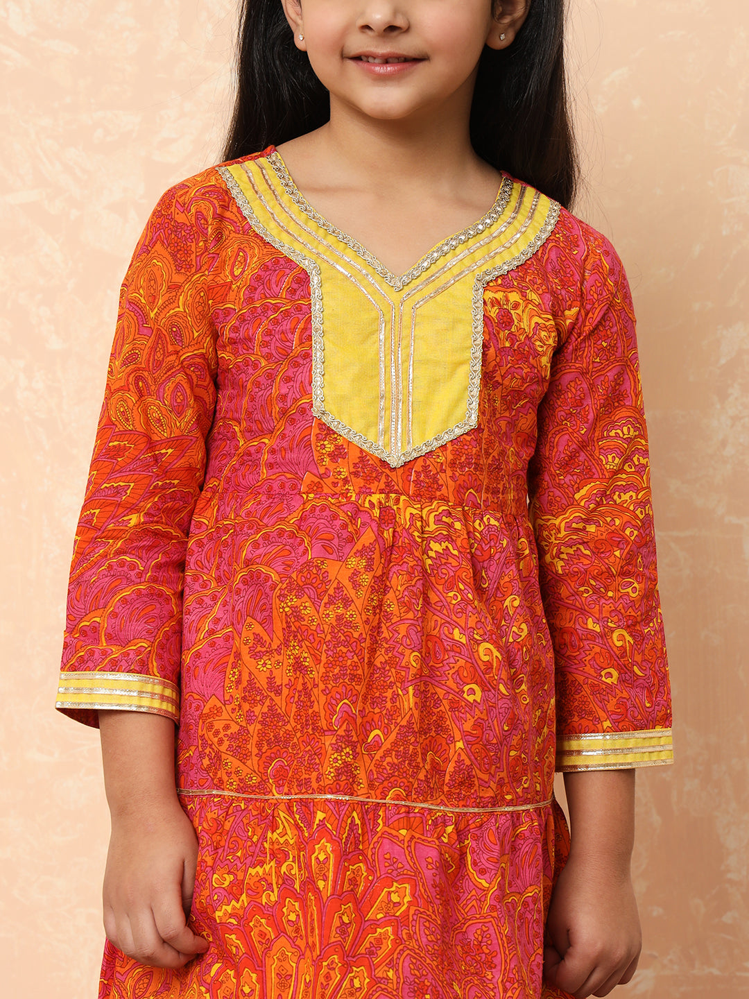 Girls Tiered Style Cotton Fabric Pink Color Printed Kurti And Sharara With Gotta Lace Work