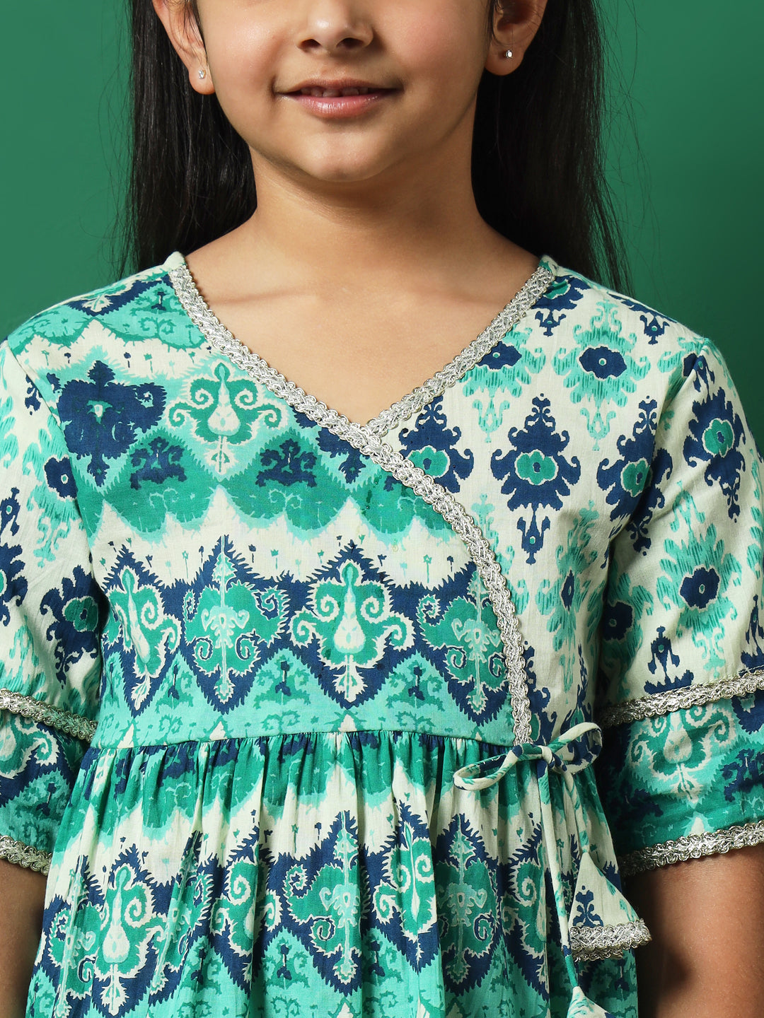 Girls Angrakha Style Cotton Fabric Sea Green Color Printed Kurti And Dhoti Pants With Gotta Lace Work