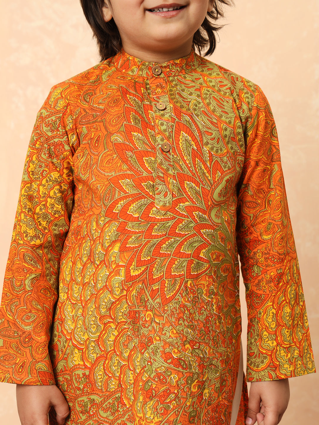 Boys Straight Style Cotton Fabric Orange And Green Color Floral Printed Kurta And Pyjama
