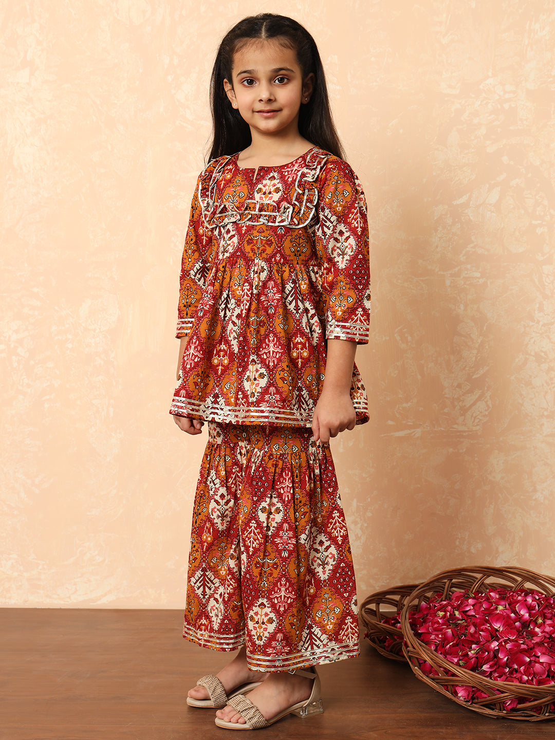 Girls Frock Style Cotton Fabric Maroon Color Floral Printed Kurti And Sharara With Gotta Lace Work