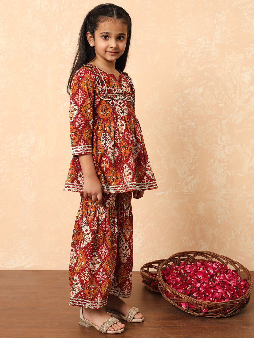 Girls Frock Style Cotton Fabric Maroon Color Floral Printed Kurti And Sharara With Gotta Lace Work