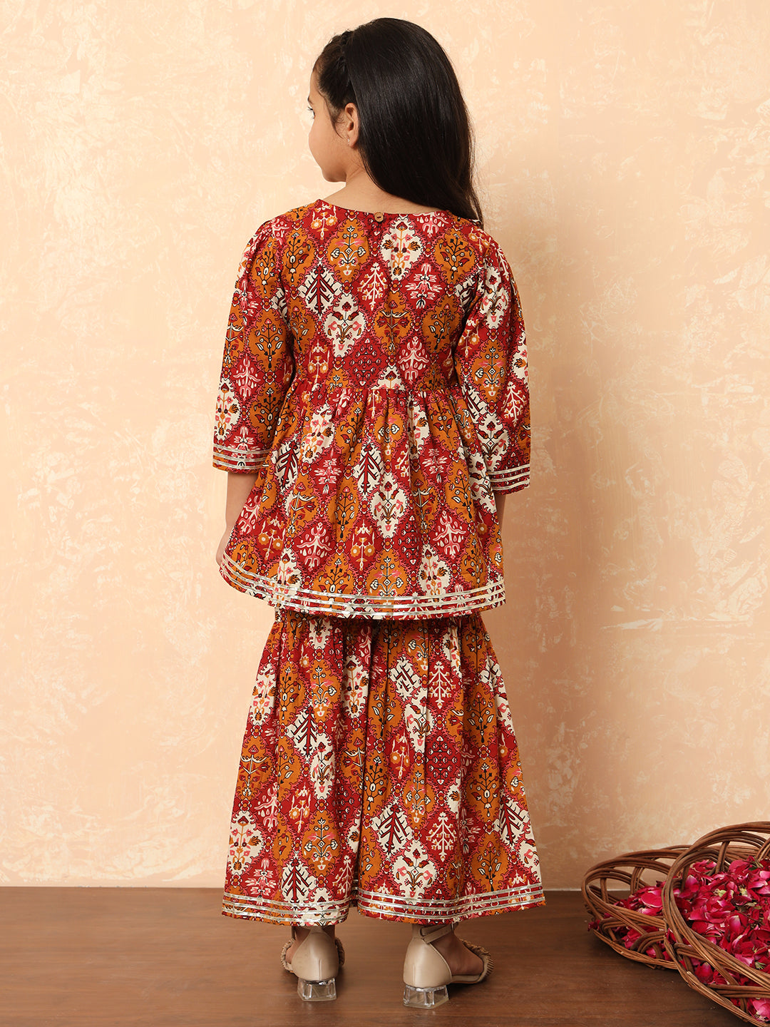 Girls Frock Style Cotton Fabric Maroon Color Floral Printed Kurti And Sharara With Gotta Lace Work