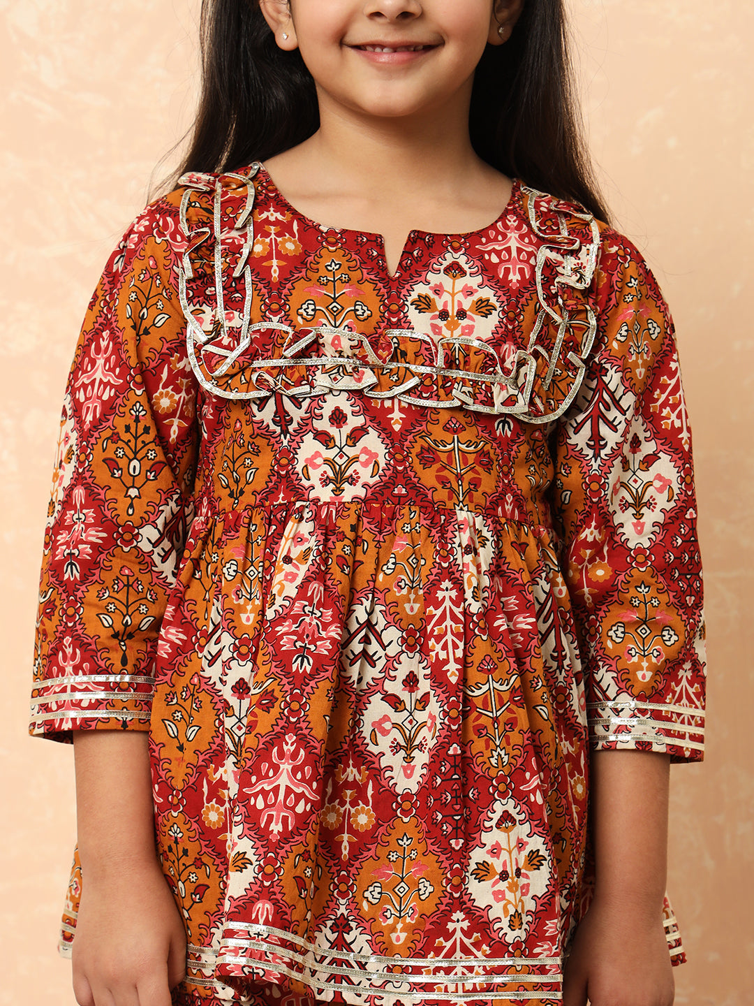 Girls Frock Style Cotton Fabric Maroon Color Floral Printed Kurti And Sharara With Gotta Lace Work