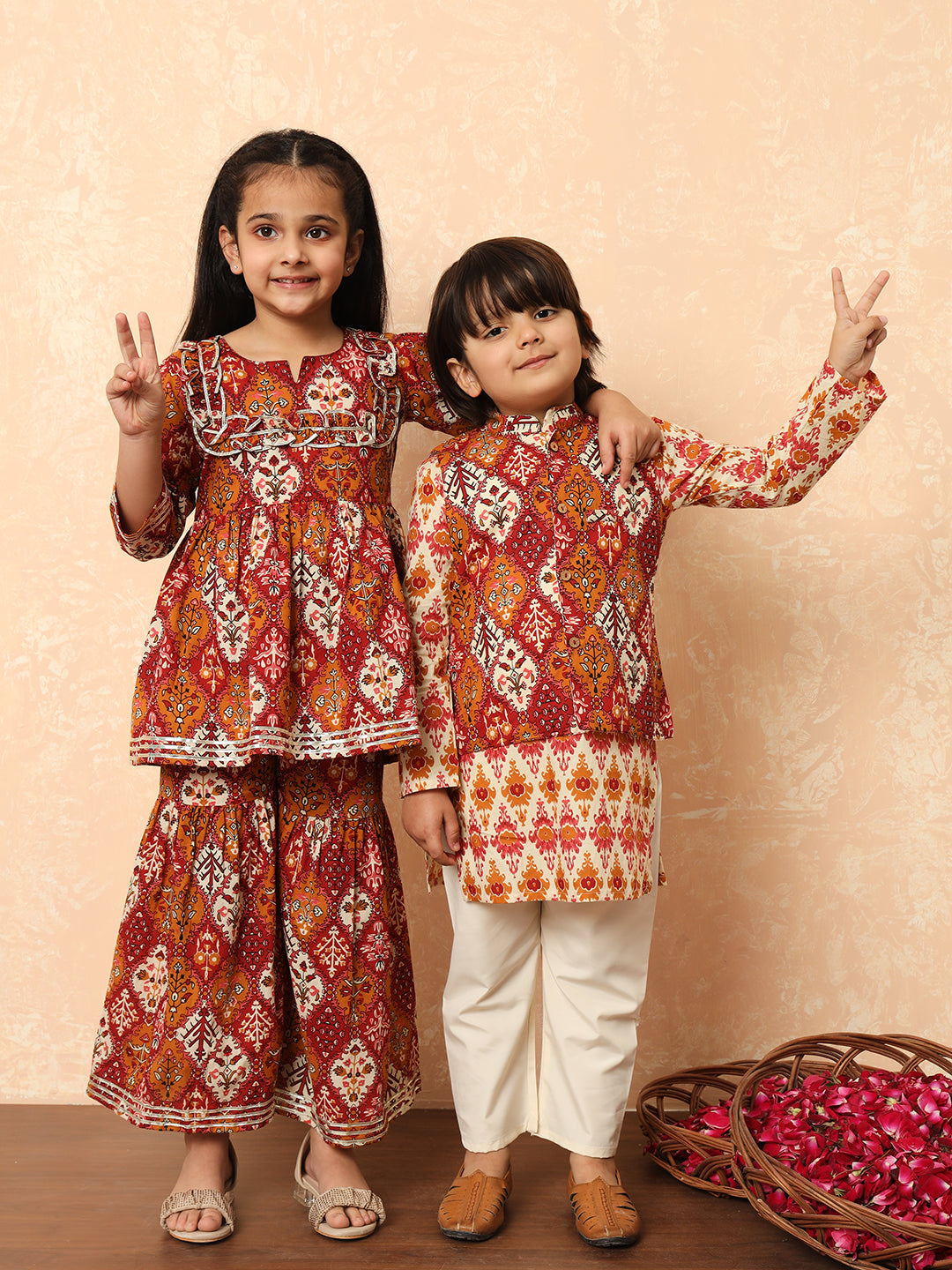 Girls Frock Style Cotton Fabric Maroon Color Floral Printed Kurti And Sharara With Gotta Lace Work