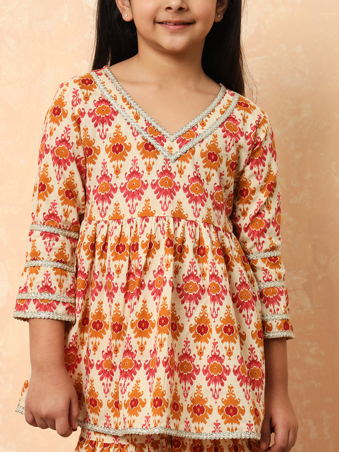Girls Frock Style Cotton Fabric Cream Color Printed Kurti And Sharara With Gotta Lace Work